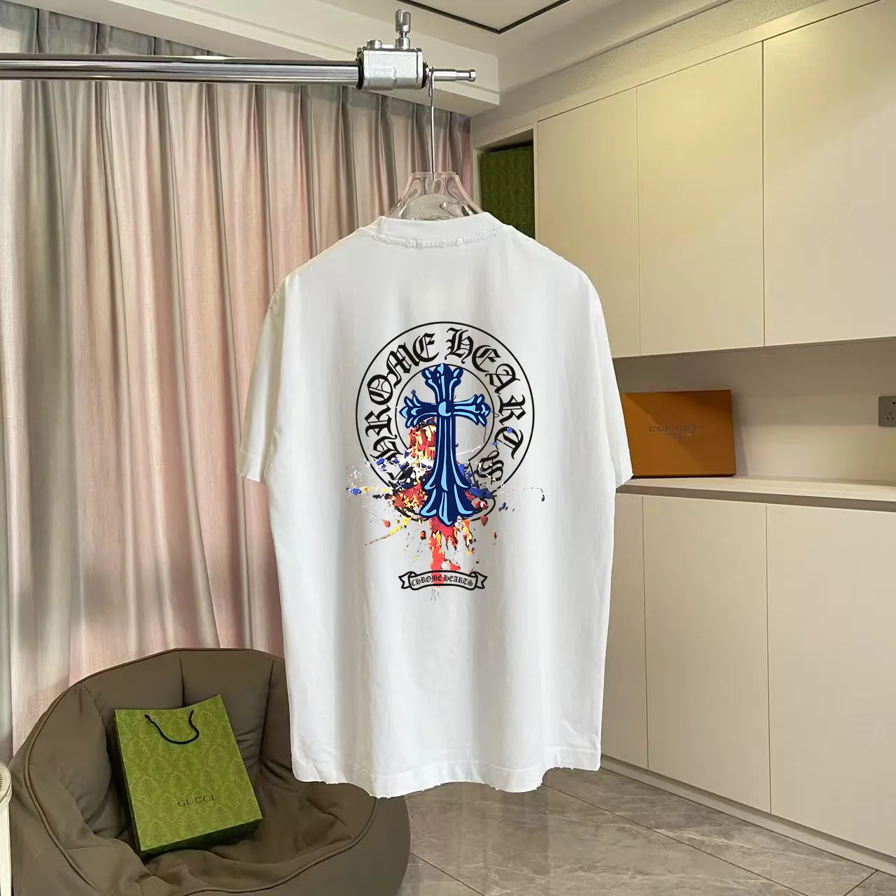 🅿️190 ch Crow* 2025 summer new style, washed, distressed, spray-painted, Sanskrit cross print, short-sleeved T-shirt, customized fabric 320g, same style for men and women, size: S M L XL XXL five sizes, color: black, white, gradient black, gradient red